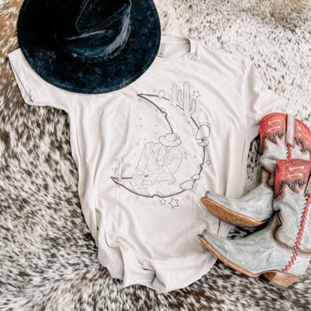 MOON CACTUS COWBOY Handmade Original Hand Drawn Graphic Tee - Picture 4 of 4